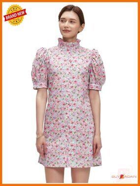 Women Floral Mini Dress Ruffle Neck Puffer Sleeve Boho Beach Shift Dress